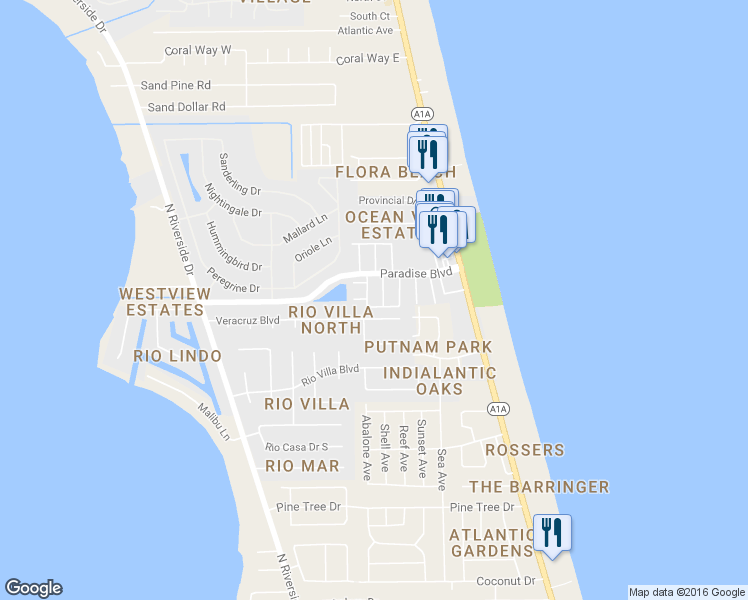 map of restaurants, bars, coffee shops, grocery stores, and more near 335 Paradise Boulevard in Indialantic