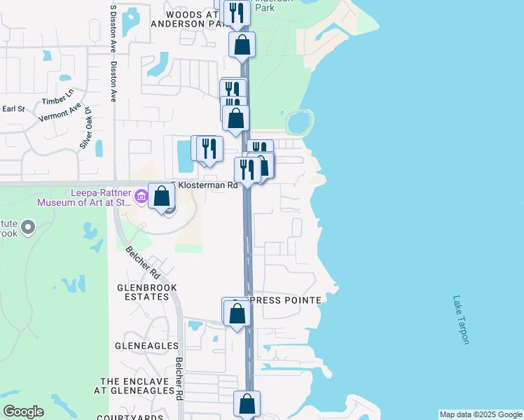 map of restaurants, bars, coffee shops, grocery stores, and more near 2539 Silverback Court in Palm Harbor