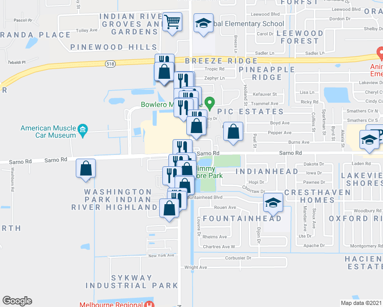 map of restaurants, bars, coffee shops, grocery stores, and more near 2947 Sarno Road in Melbourne
