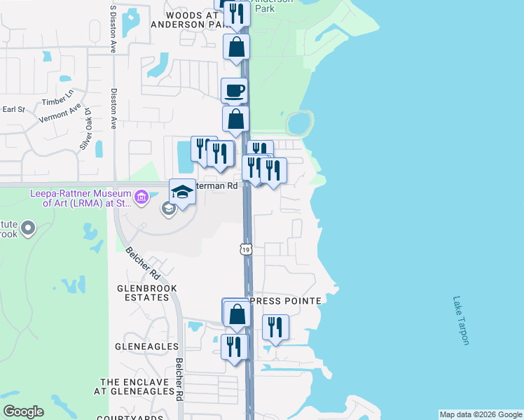 map of restaurants, bars, coffee shops, grocery stores, and more near 38529 US Highway 19 North in Palm Harbor