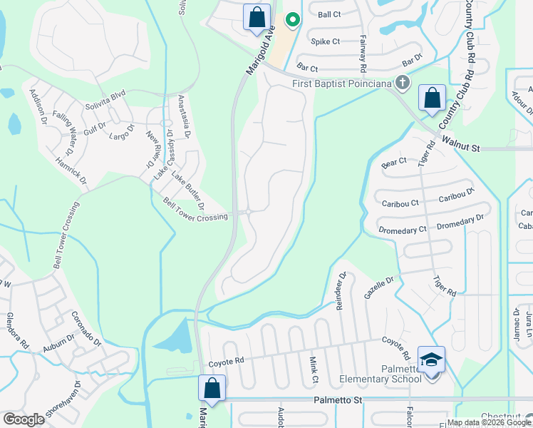 map of restaurants, bars, coffee shops, grocery stores, and more near 112 Rialto Road in Kissimmee