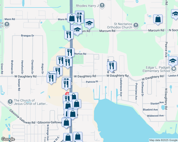 map of restaurants, bars, coffee shops, grocery stores, and more near 830 Shirley Ann Trail in Lakeland