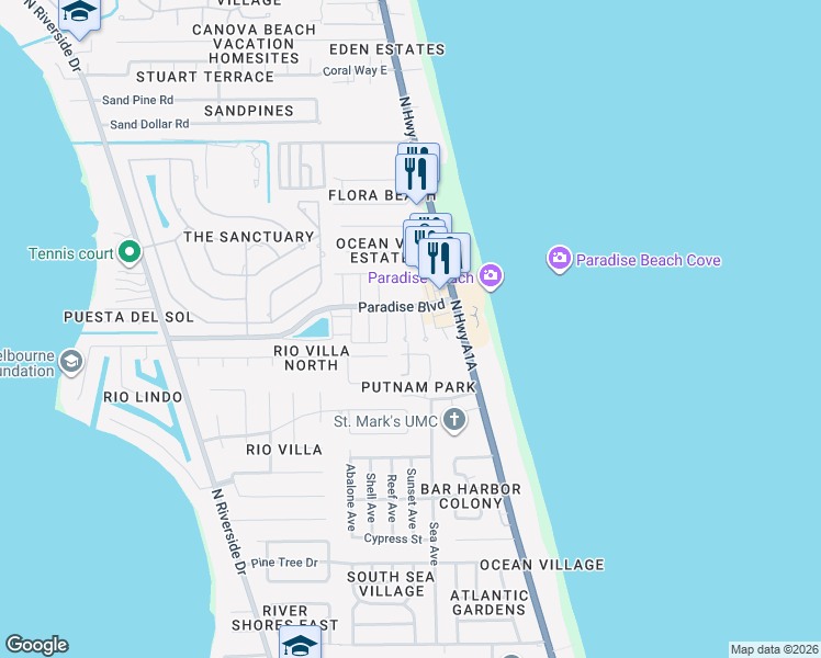 map of restaurants, bars, coffee shops, grocery stores, and more near 2276 Venetia Place in Indialantic