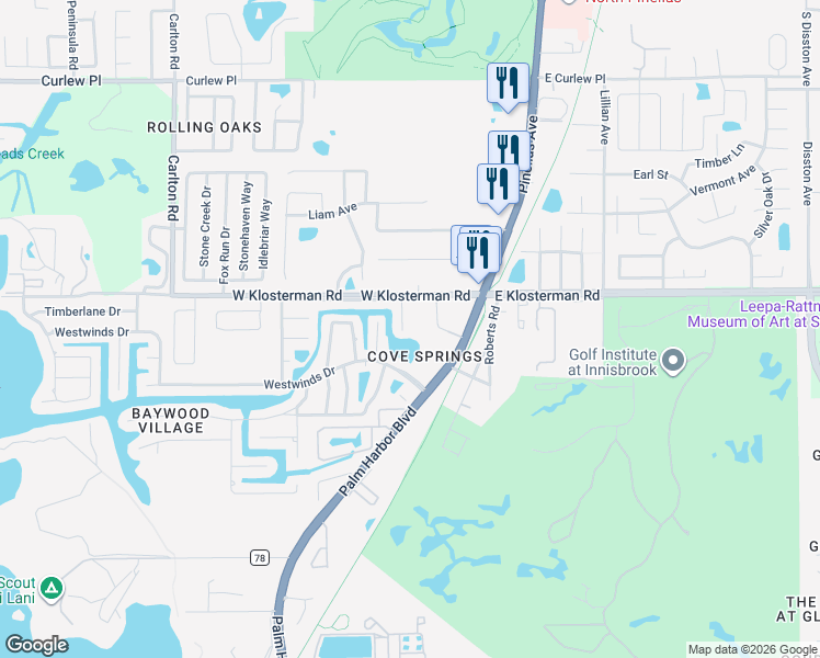 map of restaurants, bars, coffee shops, grocery stores, and more near 4955 Robin Tr in Palm Harbor