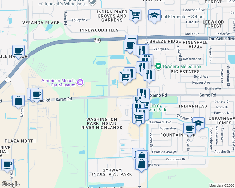 map of restaurants, bars, coffee shops, grocery stores, and more near 2962-2964 Sarno Road in Melbourne
