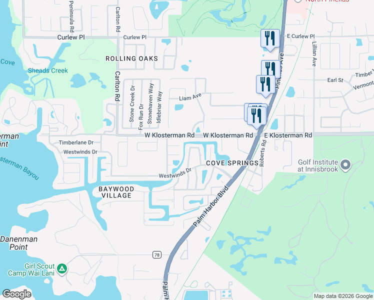 map of restaurants, bars, coffee shops, grocery stores, and more near 4830 Blue Jay Circle in Palm Harbor