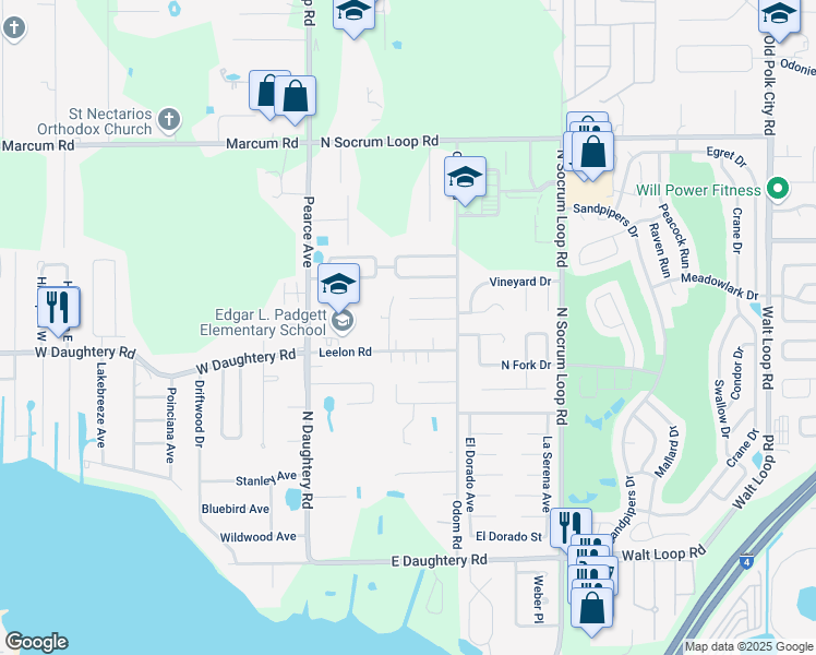 map of restaurants, bars, coffee shops, grocery stores, and more near 217 Village View Lane in Lakeland