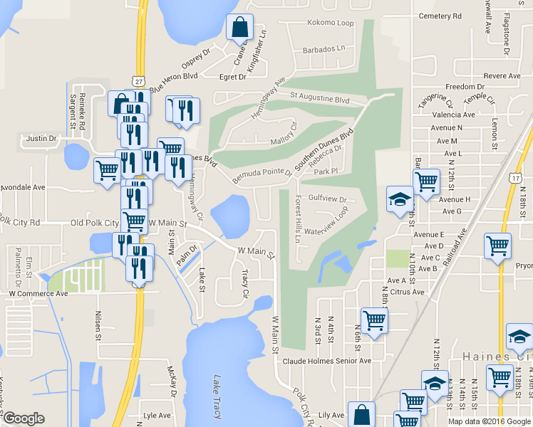 map of restaurants, bars, coffee shops, grocery stores, and more near 1142 Mariner Cay Drive in Haines City