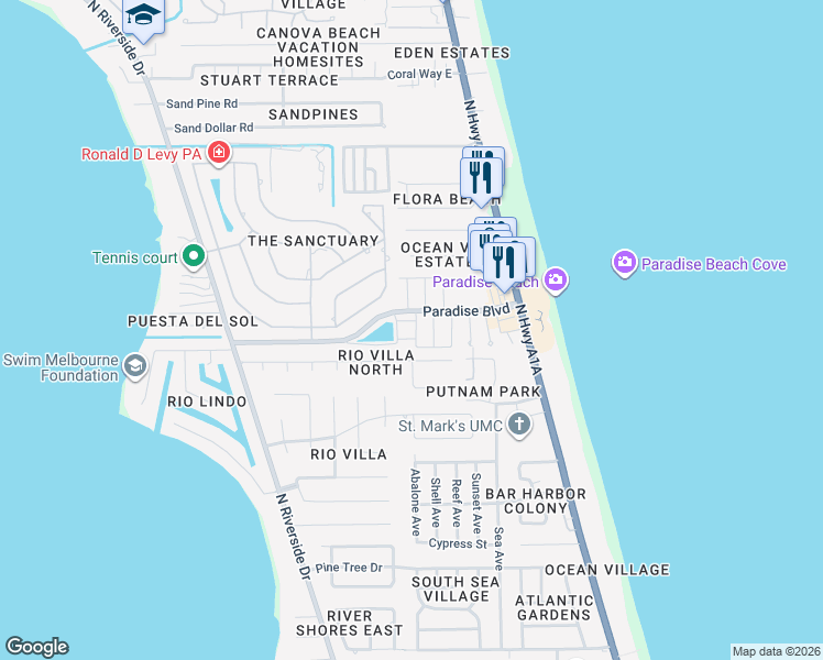 map of restaurants, bars, coffee shops, grocery stores, and more near 335 Paradise Boulevard in Indialantic