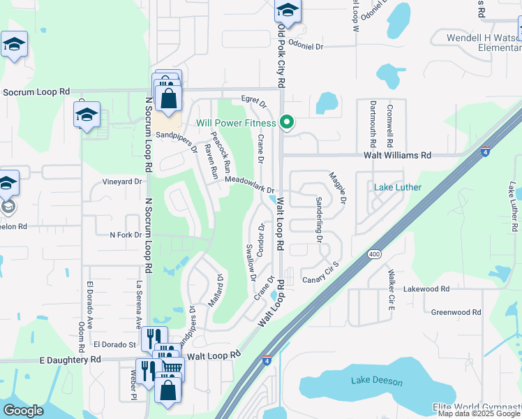 map of restaurants, bars, coffee shops, grocery stores, and more near 6127 Swallow Drive in Lakeland