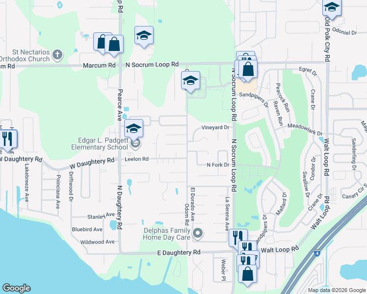 map of restaurants, bars, coffee shops, grocery stores, and more near 257 Village View Lane in Lakeland