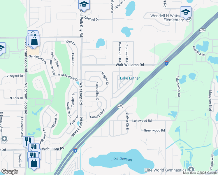 map of restaurants, bars, coffee shops, grocery stores, and more near 6053 Magpie Drive in Lakeland