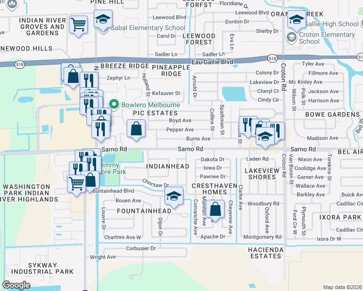 map of restaurants, bars, coffee shops, grocery stores, and more near 2556 Sarno Road in Melbourne