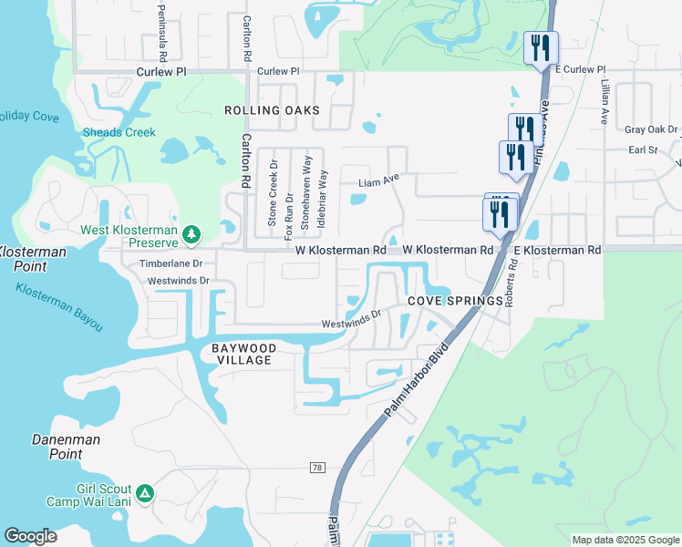map of restaurants, bars, coffee shops, grocery stores, and more near 4941 Cardinal Trail in Palm Harbor