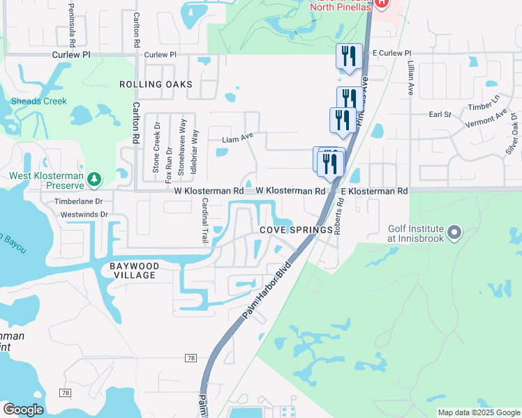 map of restaurants, bars, coffee shops, grocery stores, and more near 4848 Hummingbird Trail in Palm Harbor