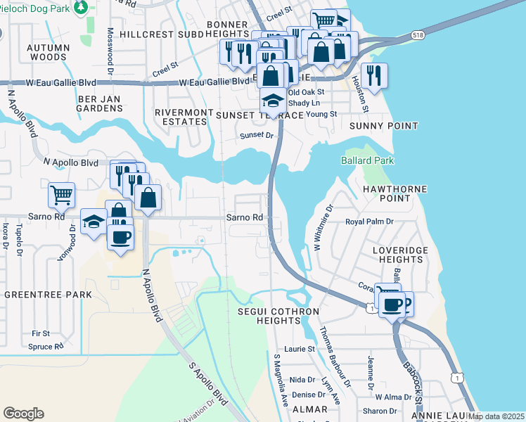 map of restaurants, bars, coffee shops, grocery stores, and more near 914 North Harbor City Boulevard in Melbourne