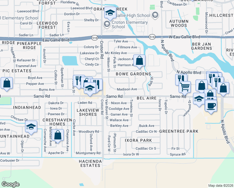 map of restaurants, bars, coffee shops, grocery stores, and more near 1960 Sarno Road in Melbourne
