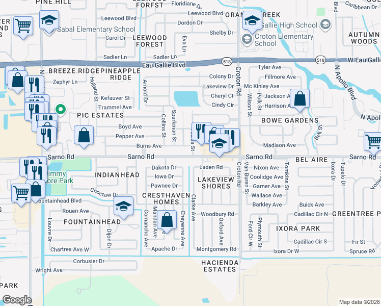 map of restaurants, bars, coffee shops, grocery stores, and more near 2316 Sarno Road in Melbourne