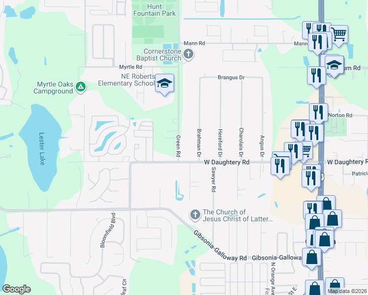 map of restaurants, bars, coffee shops, grocery stores, and more near 6129 Green Road in Lakeland