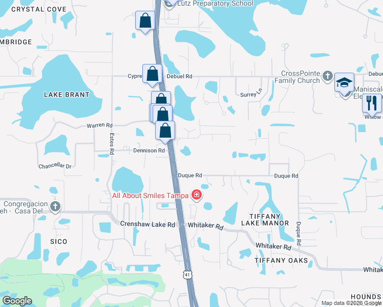 map of restaurants, bars, coffee shops, grocery stores, and more near 112 Duque Road in Lutz