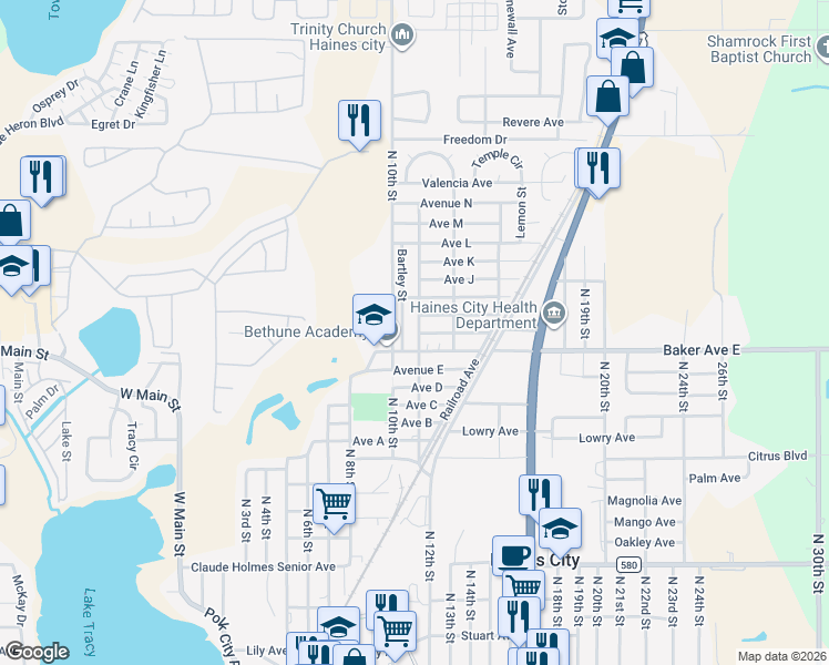 map of restaurants, bars, coffee shops, grocery stores, and more near 1516 Doctor martin Luther King Junior Way in Haines City