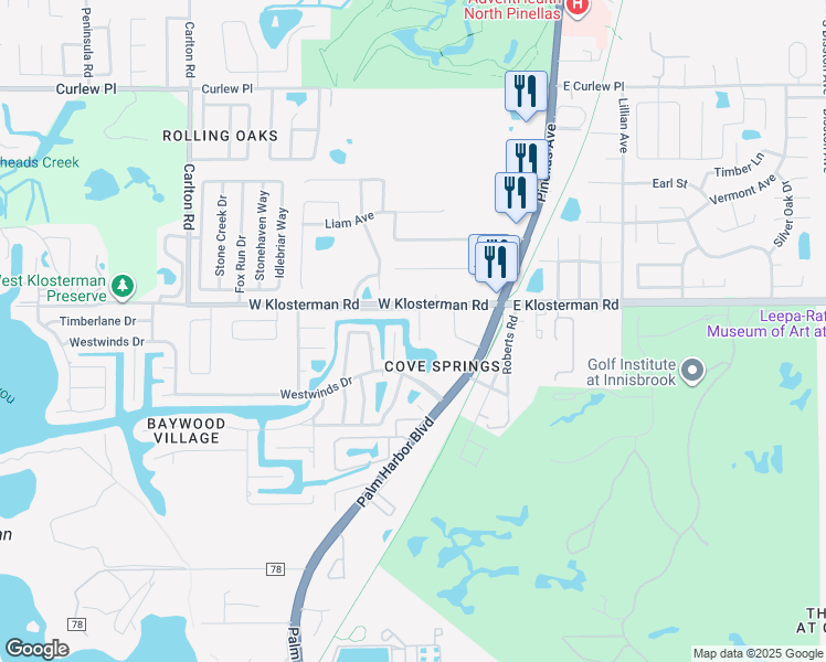 map of restaurants, bars, coffee shops, grocery stores, and more near 4955 Robin Tr in Palm Harbor