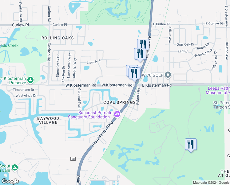 map of restaurants, bars, coffee shops, grocery stores, and more near 4955 Robin Tr in Palm Harbor