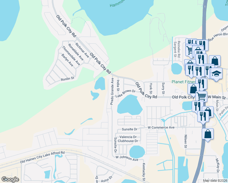 map of restaurants, bars, coffee shops, grocery stores, and more near 1007 Prado Grande Avenue in Haines City