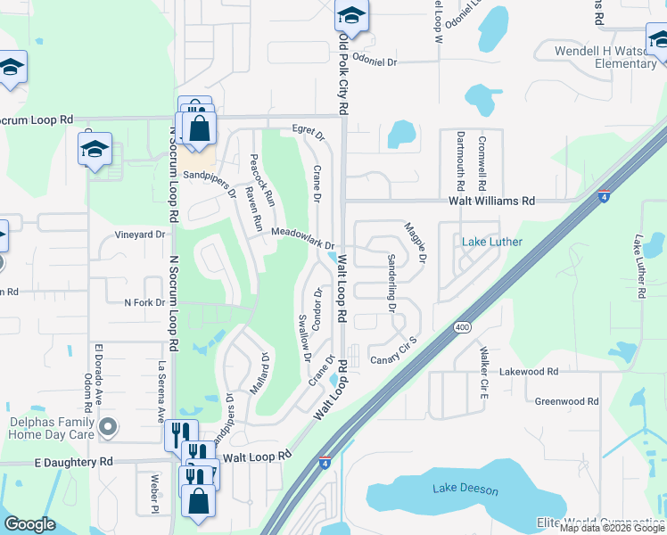 map of restaurants, bars, coffee shops, grocery stores, and more near 6135 Crane Drive in Lakeland