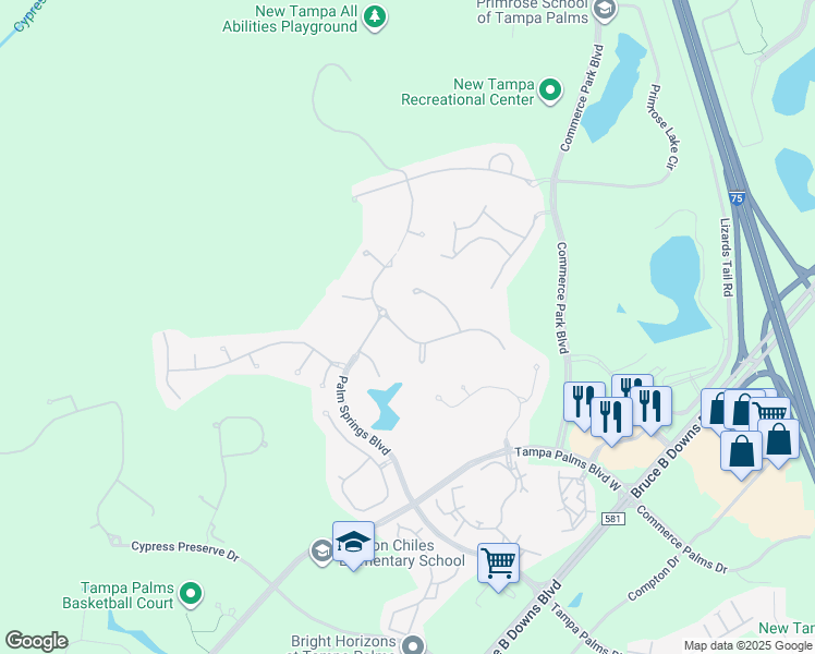 map of restaurants, bars, coffee shops, grocery stores, and more near 17233 Emerald Chase Drive in Tampa