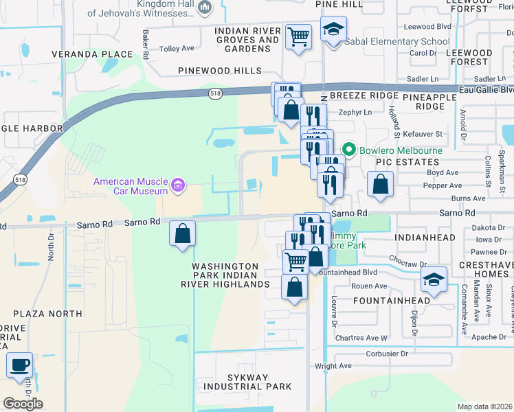 map of restaurants, bars, coffee shops, grocery stores, and more near 2962-2964 Sarno Road in Melbourne