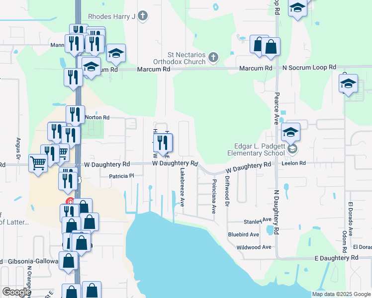 map of restaurants, bars, coffee shops, grocery stores, and more near 6020 Doe Circle West in Lakeland