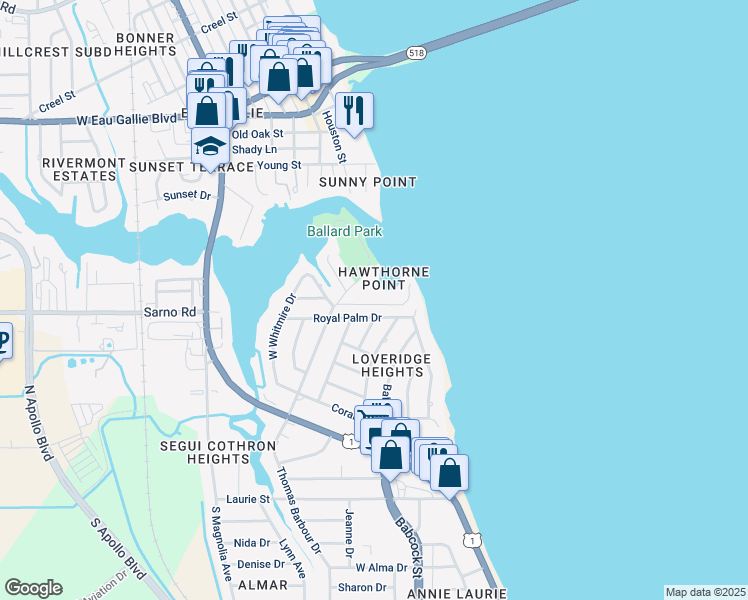 map of restaurants, bars, coffee shops, grocery stores, and more near 400 Bay Point Drive in Melbourne