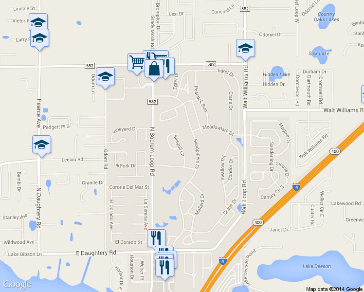 map of restaurants, bars, coffee shops, grocery stores, and more near 6057 Seagull Lane in Lakeland
