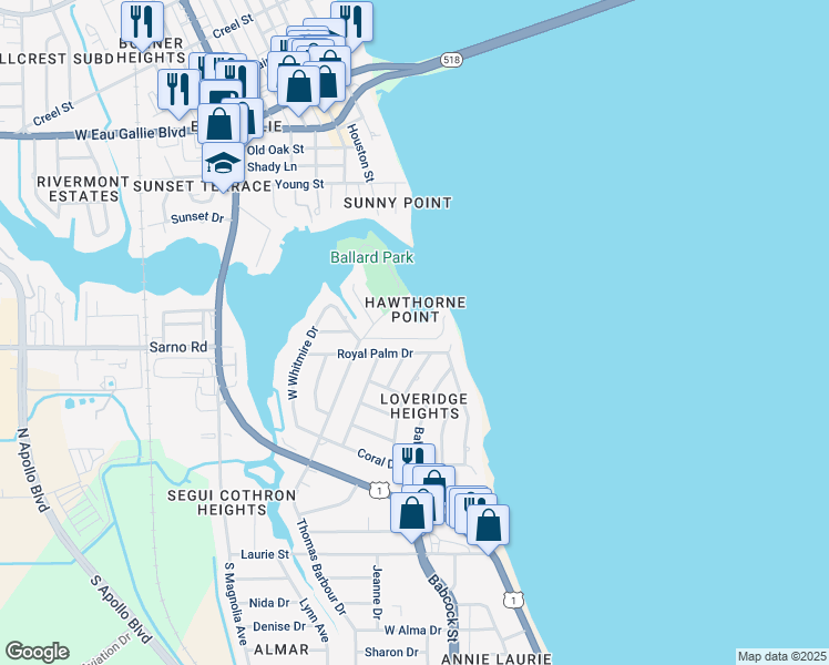 map of restaurants, bars, coffee shops, grocery stores, and more near 400 Bay Point Drive in Melbourne