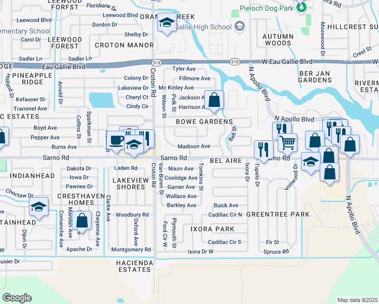 map of restaurants, bars, coffee shops, grocery stores, and more near Presidential Drive in Melbourne