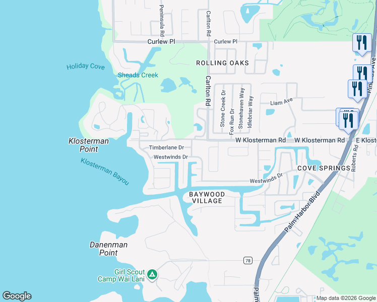 map of restaurants, bars, coffee shops, grocery stores, and more near 240 Timberlane Drive in Palm Harbor