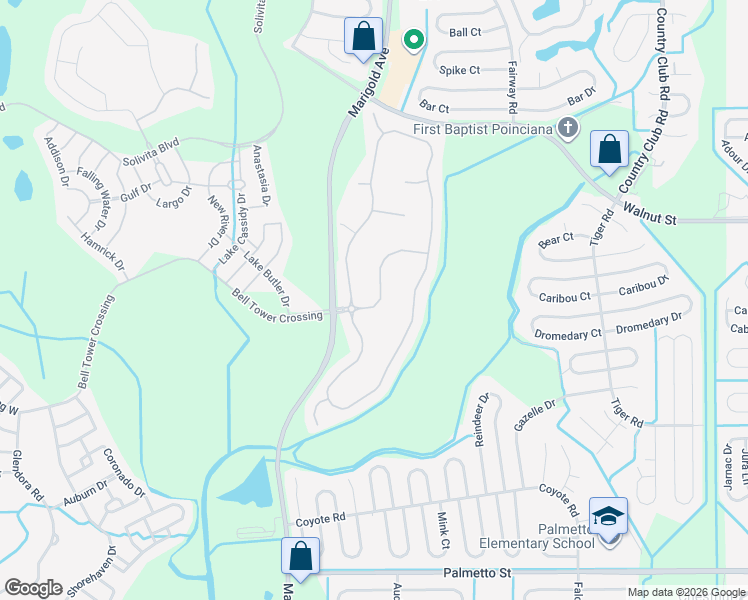 map of restaurants, bars, coffee shops, grocery stores, and more near 112 Rialto Road in Kissimmee