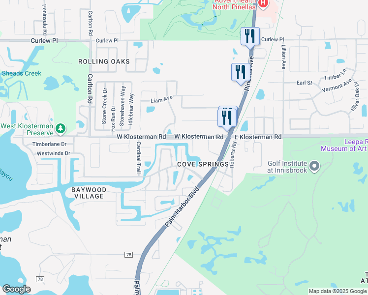 map of restaurants, bars, coffee shops, grocery stores, and more near 4848 Hummingbird Trail in Palm Harbor