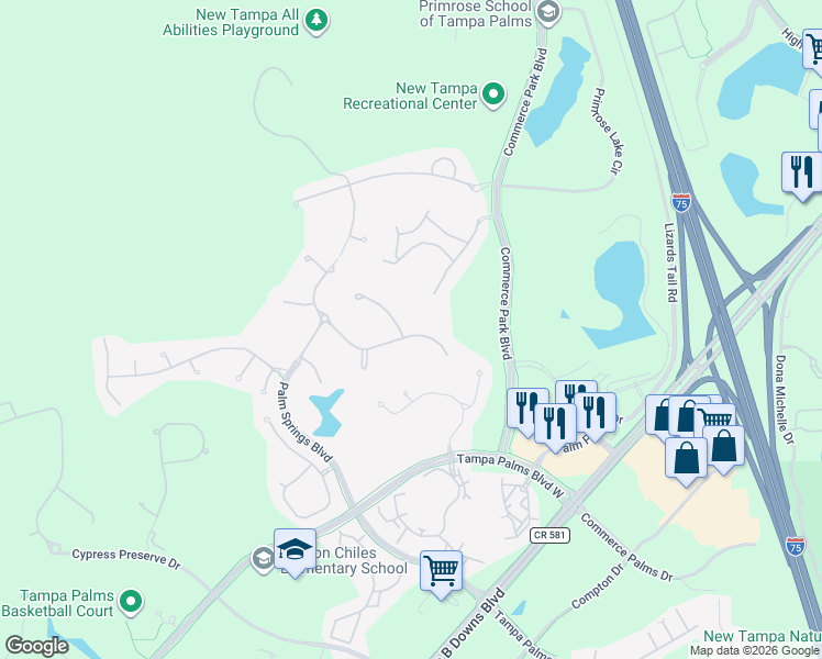 map of restaurants, bars, coffee shops, grocery stores, and more near 17210 Emerald Chase Drive in Tampa
