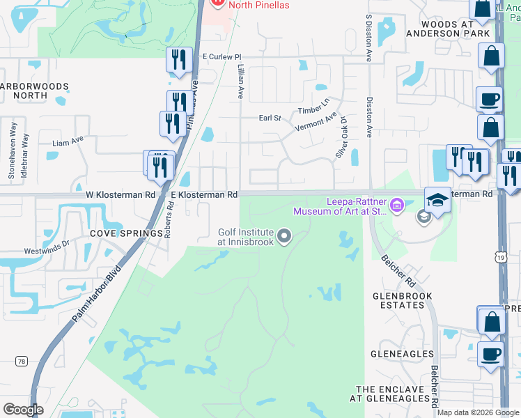 map of restaurants, bars, coffee shops, grocery stores, and more near 232-274 East Klosterman Road in Palm Harbor