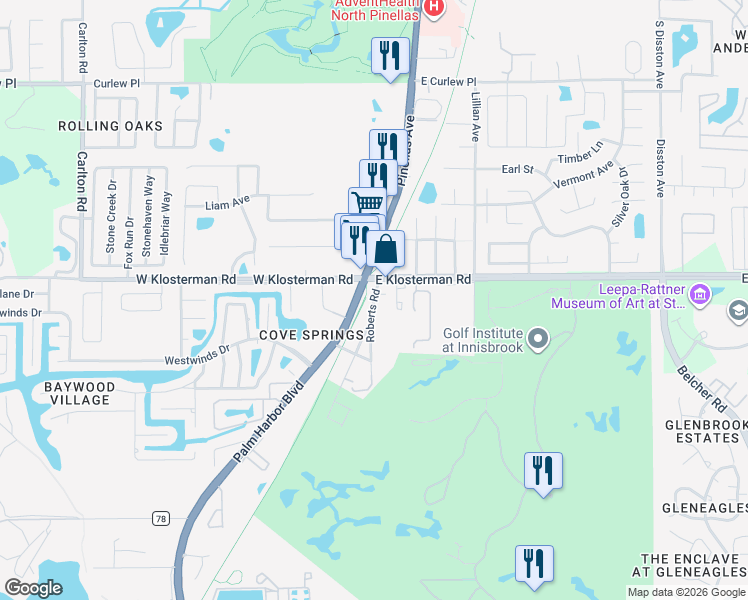 map of restaurants, bars, coffee shops, grocery stores, and more near in Palm Harbor