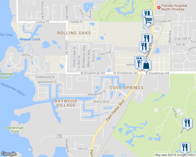 map of restaurants, bars, coffee shops, grocery stores, and more near 499 Oriole Circle in Palm Harbor