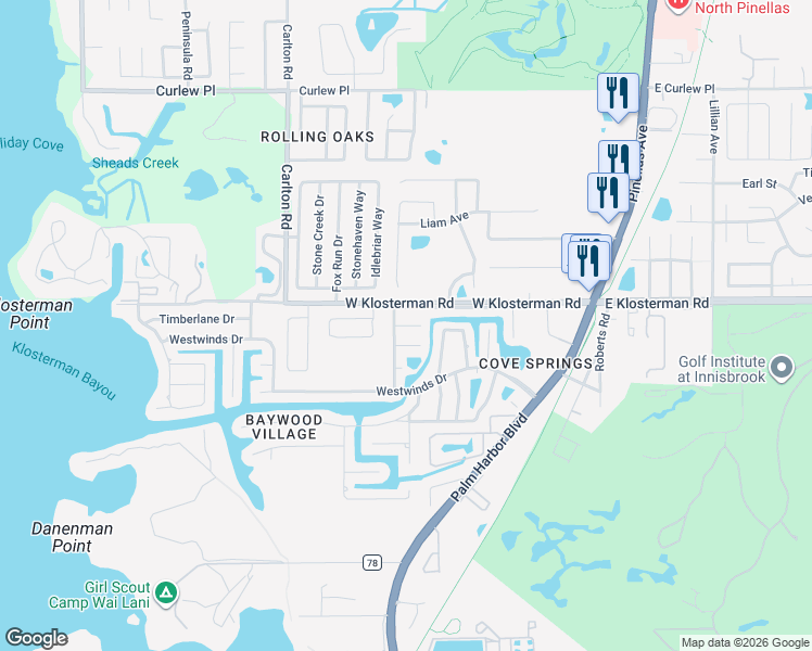map of restaurants, bars, coffee shops, grocery stores, and more near 4941 Cardinal Trail in Palm Harbor