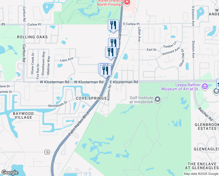 map of restaurants, bars, coffee shops, grocery stores, and more near in Palm Harbor