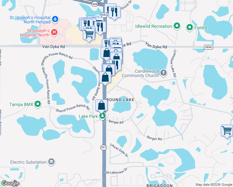 map of restaurants, bars, coffee shops, grocery stores, and more near 3812 Little Road in Lutz