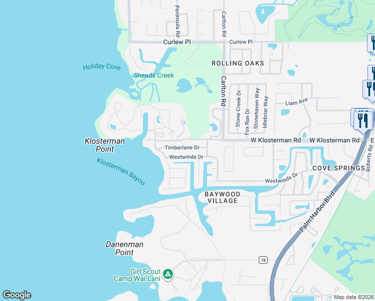 map of restaurants, bars, coffee shops, grocery stores, and more near 224 Timberlane Drive in Palm Harbor