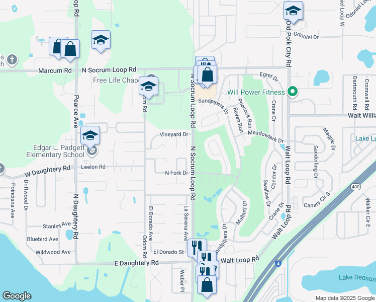 map of restaurants, bars, coffee shops, grocery stores, and more near 6201 Vintage Drive in Lakeland