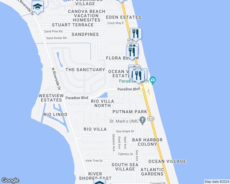 map of restaurants, bars, coffee shops, grocery stores, and more near 335 Paradise Boulevard in Melbourne