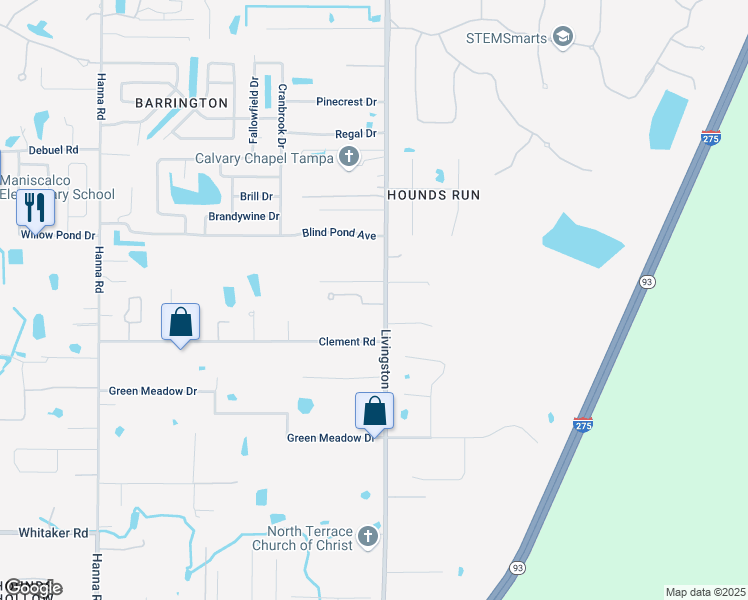 map of restaurants, bars, coffee shops, grocery stores, and more near 17308 Livingston Avenue in Lutz